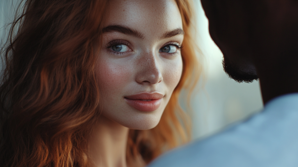 Makeup and Dating: a beautiful young woman without makeup, looking deep with attraction to a handsome man. Magazine cover shot in Arri Alexa Mini LF, cinematic