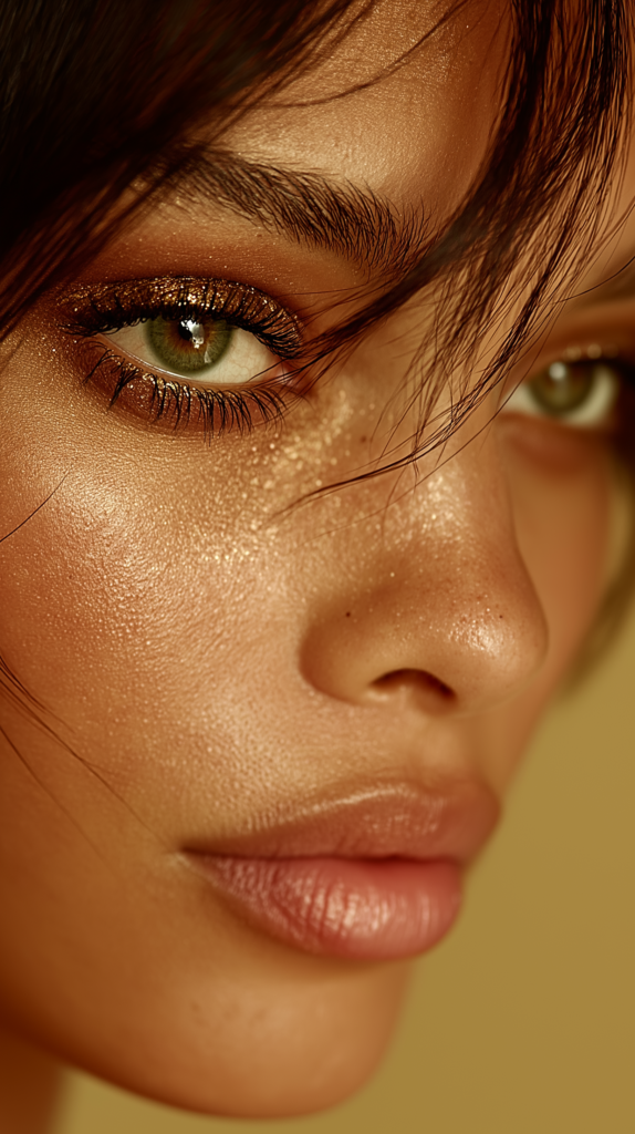 Makeup and Dating: a beautiful young woman without makeup, looking deep with attraction to a handsome man. Magazine cover shot in Arri Alexa Mini LF, cinematic