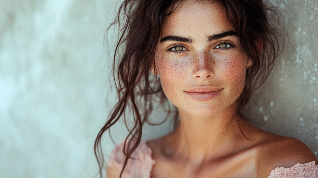 Woman with beautiful hair, with glowing skin and wearing a off pink dress, she has soft natural makeup look, beautiful 22 year old woman smiling at the camera, extreme details on the face and skin, soft middle grey background, shot with Arri Alexa mini LF, magazine cover