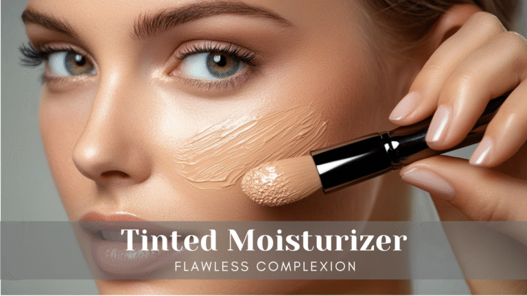 Model applying tinted moisturizer for a radiant complexion.