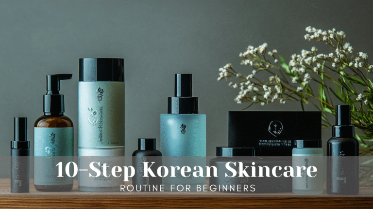 A clean set of 10-Step Korean skincare products arranged aesthetically for radiant skin.