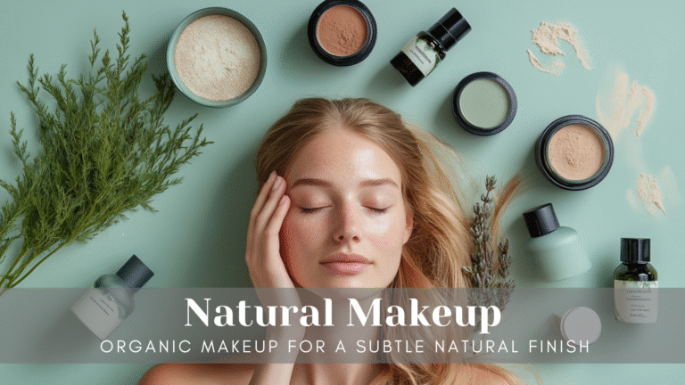 Woman applying natural makeup with essential products nearby.