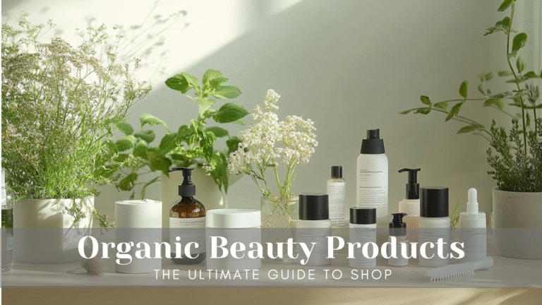 Organic beauty products arranged with fresh flowers and plants.