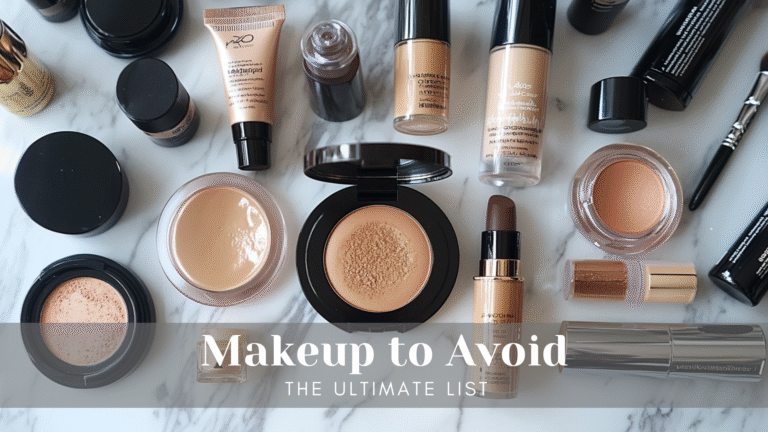 Flat lay of makeup products to avoid for natural glow.