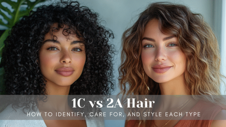 Two distinct hair types: 1C curls vs 2A Hair. Two women with distinct hair types: one with 1C hair curls and the other one with 2A hair waves both with color eyes and both smiling at the camera