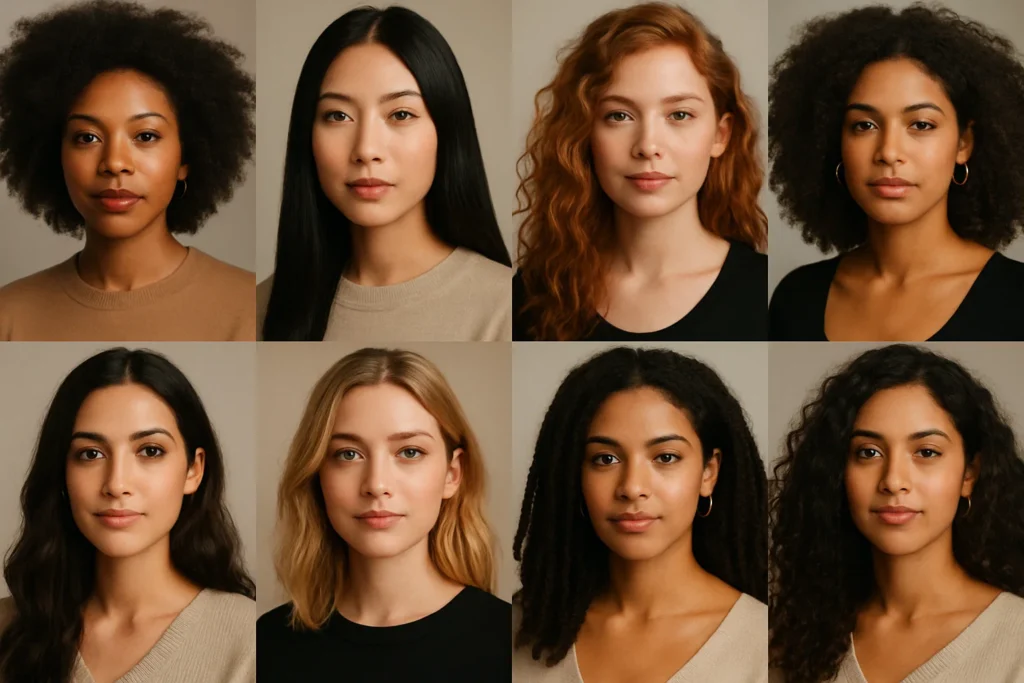 Different hair categories arranged on a neutral background.