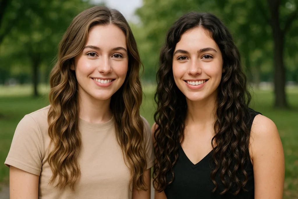 Two models with 2A or 2B Hair. Two 19 year old girls, one with long 2a wavy hair, Styled and another one with long 2B wavy hair, magazine cover