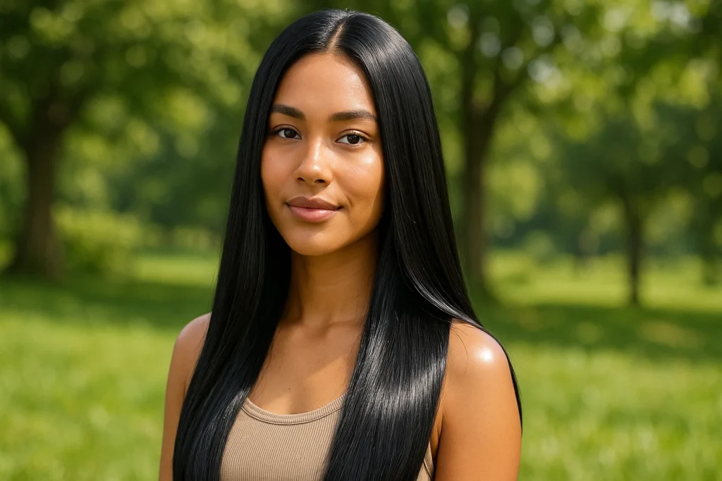 A model with Shiny low porosity hair with natural background.