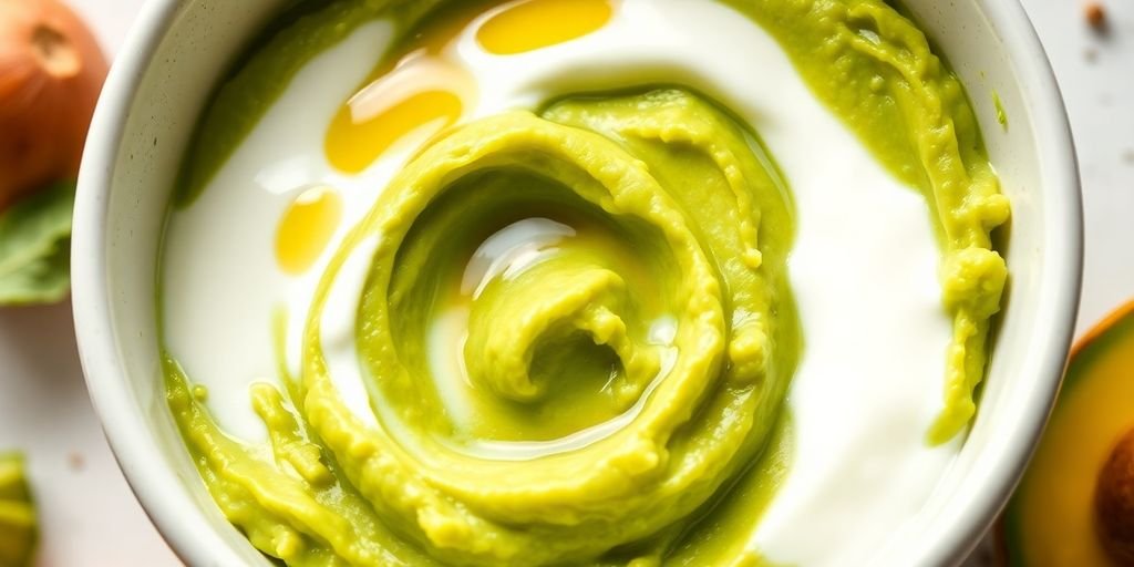 A bowl containing the ingredients for a Natural Hair Masks: Bowl of avocado yogurt mask with jojoba oil.