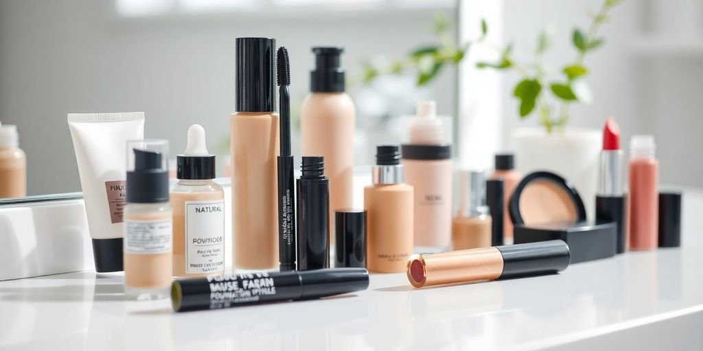 Natural makeup products on a vanity.