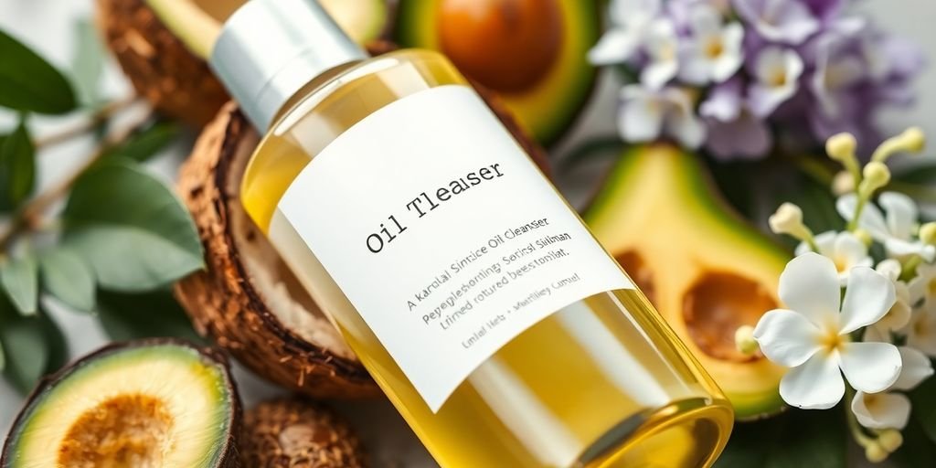 Close-up of oil cleanser with natural ingredients and flowers.