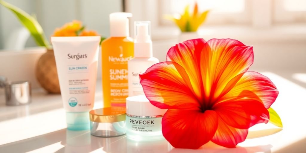 Bright skincare products on a sunlit summer vanity.