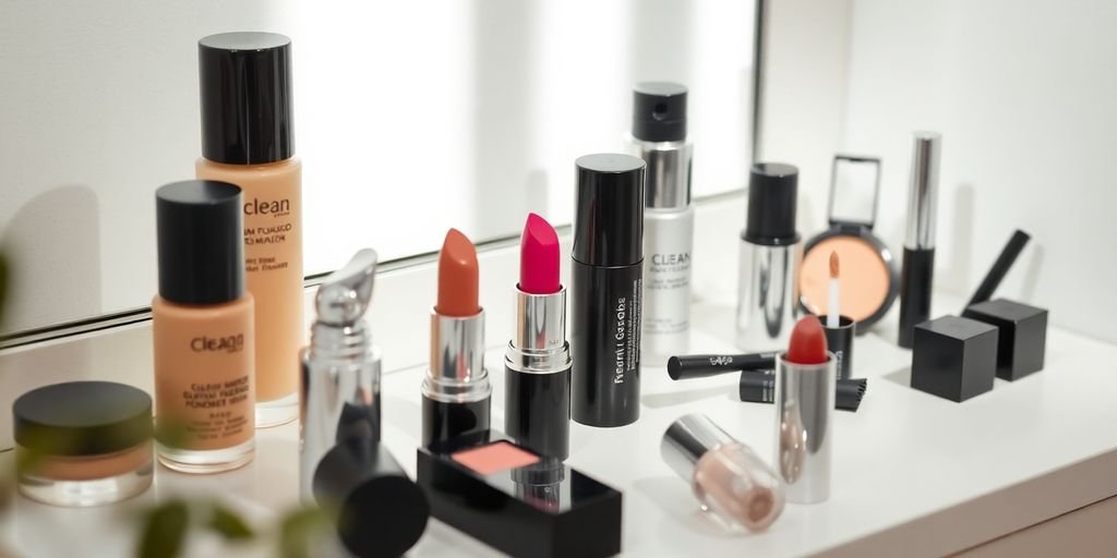 Assorted clean makeup products on a vanity.