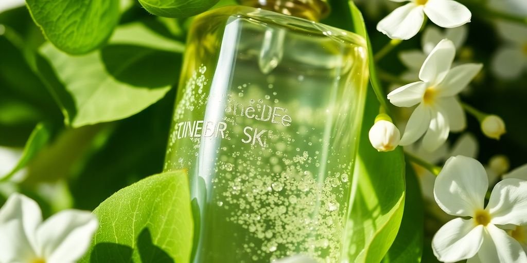 Glass essence bottle surrounded by green leaves and flowers.