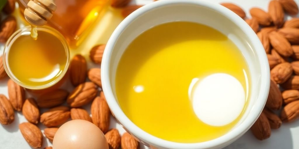 A bowl containing the ingredients for a Natural Hair Masks: Bowl of almond oil, honey, and egg white ingredients.