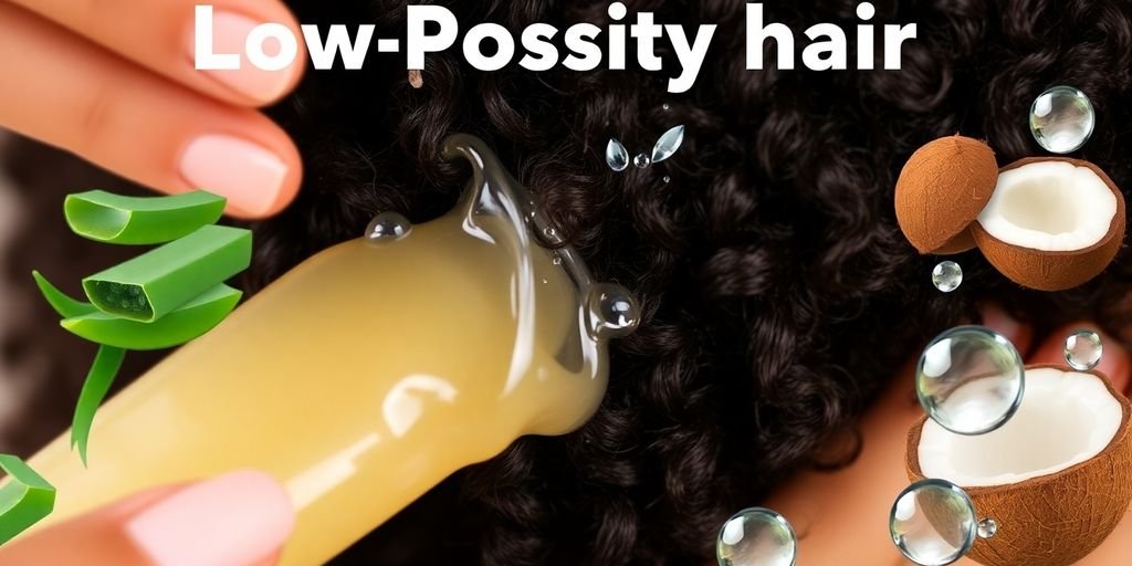Close-up of hydrated low porosity hair with natural ingredients.