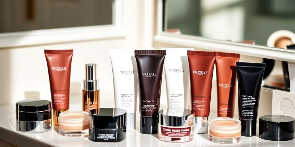 A selection of tinted moisturizers on a vanity.