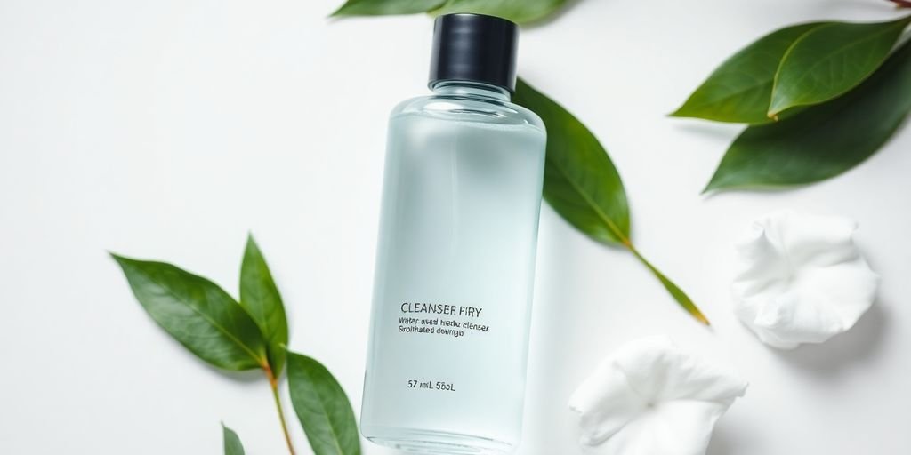 Water-based cleanser with green leaves and cotton pads.