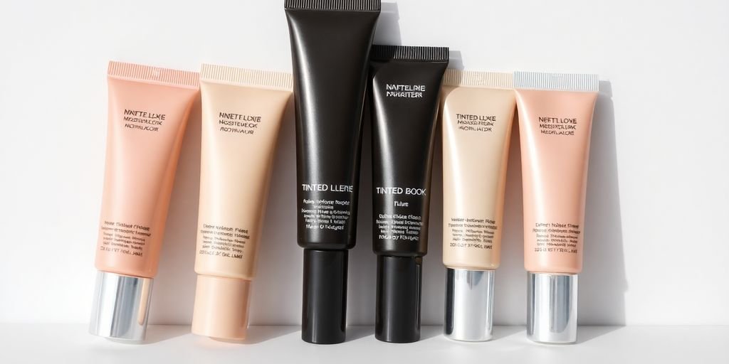 Assorted tinted moisturizers on a smooth skin background.