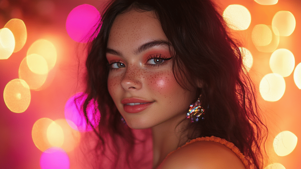 18 year old woman wearing 70s style makeup and hair for a party