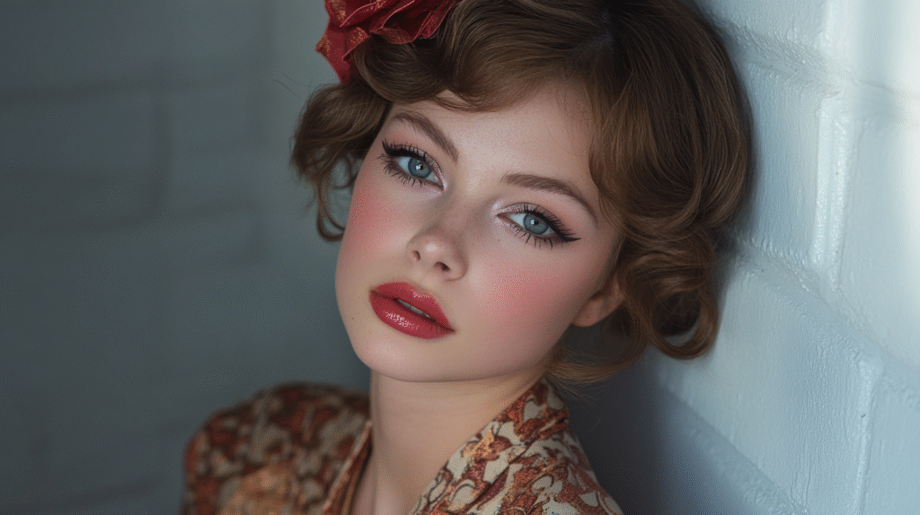 18 year old woman wearing 70s style makeup and hair for a party