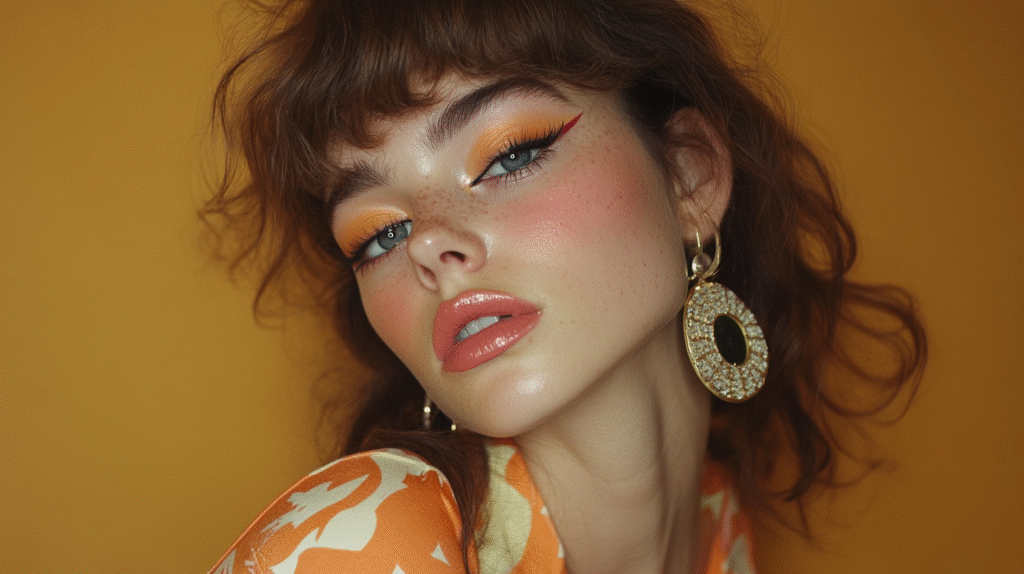 18 year old woman wearing 70s style makeup and hair for a party