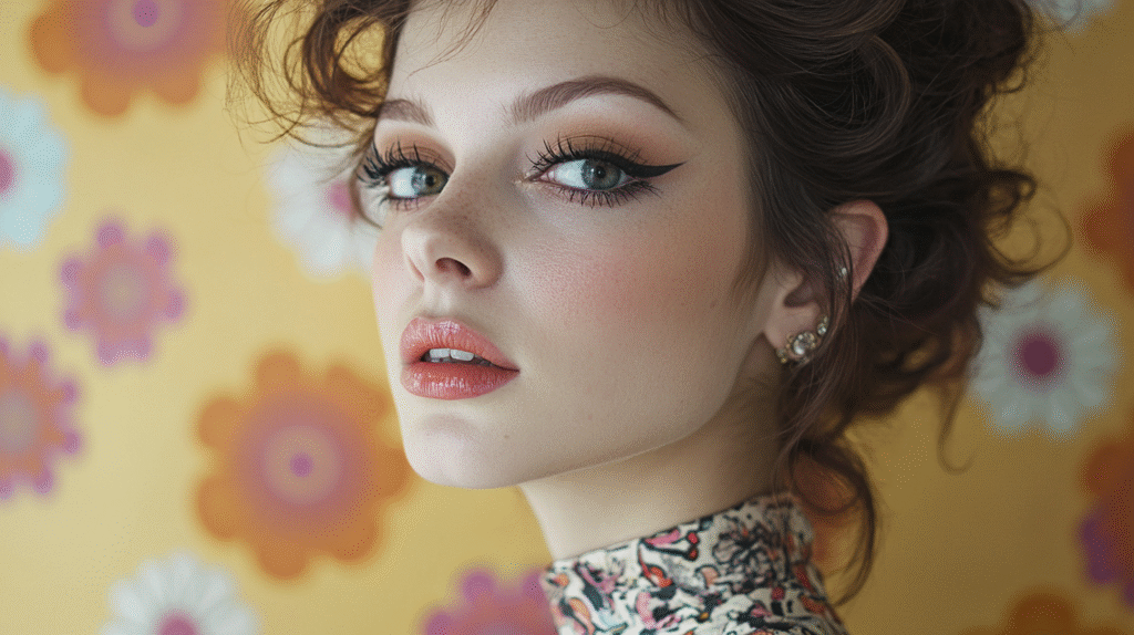 30 year old woman wearing 70s style makeup and hair for a party