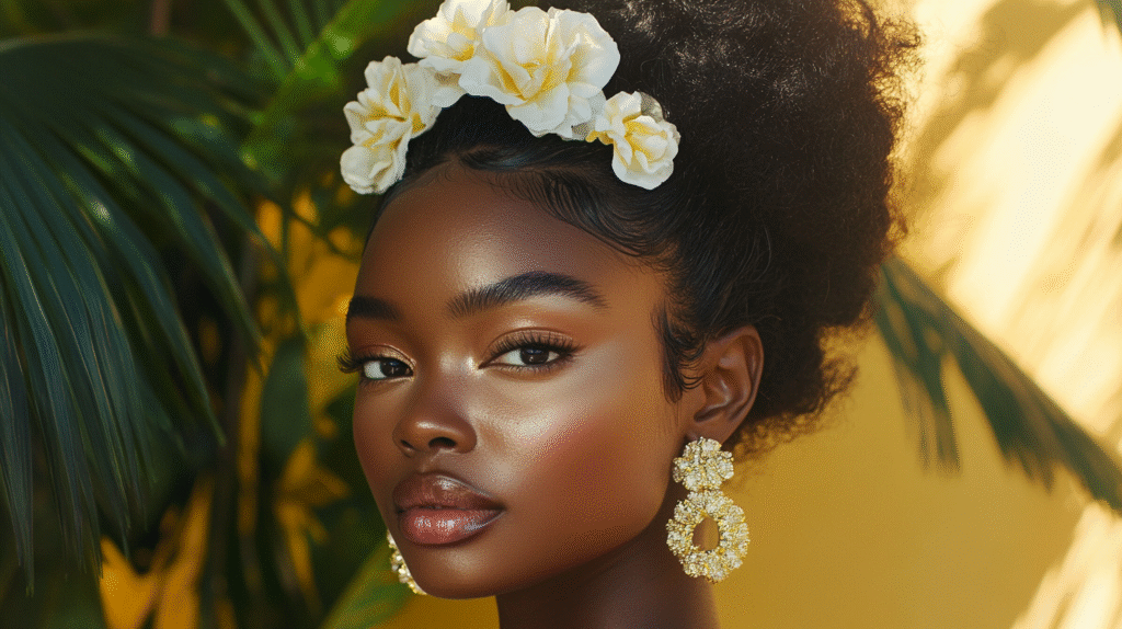 A model with Shiny low porosity hair with natural background.