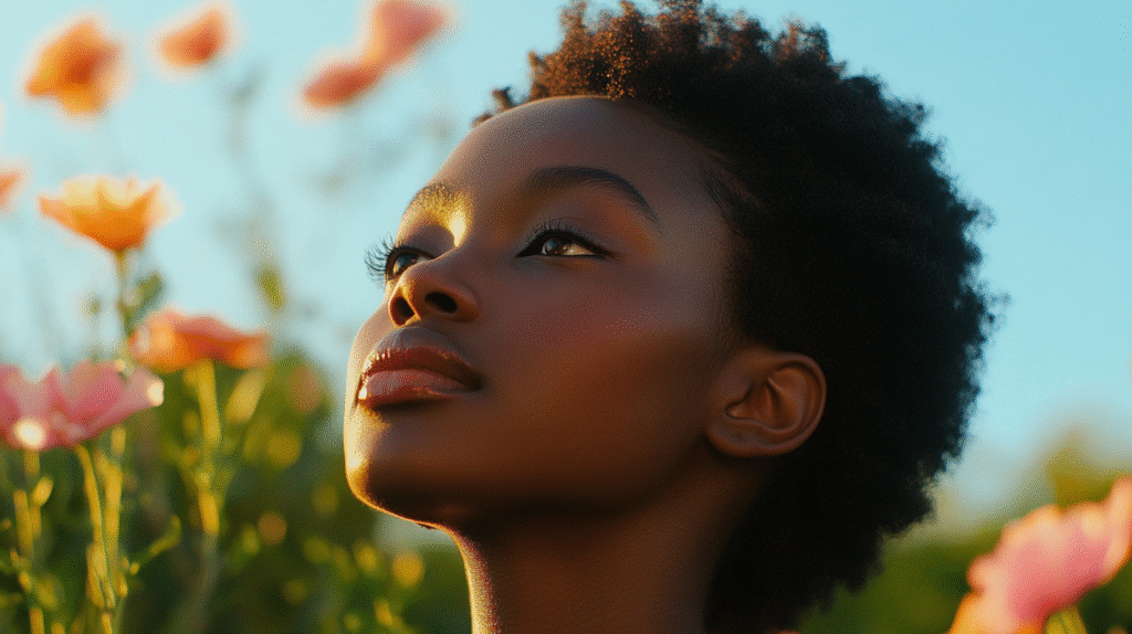 A model with Shiny low porosity hair with natural background.