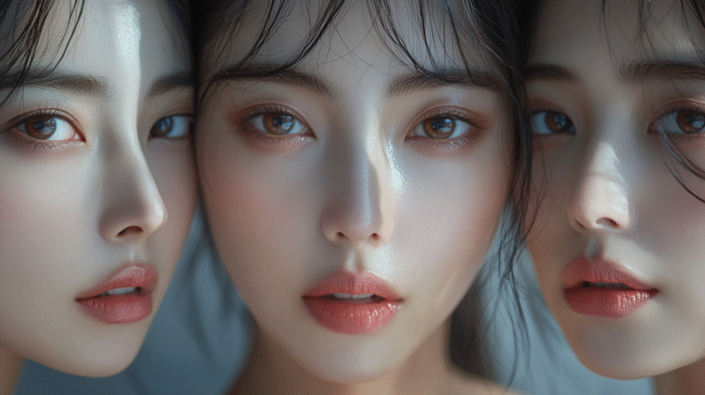A beautiful woman that uses the  10-Step Korean Skincare Routine. A shot of a beautiful Korean woman, 18 years old, facing the camera, color eyes, wearing a beautiful outfit to go out to the club, sweet soft smile, skin detail, shot with sony a9 iii,