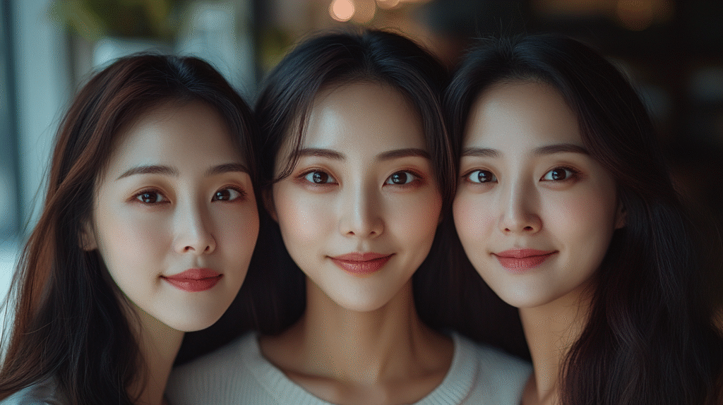 3 beautiful woman that uses the  10-Step Korean Skincare Routine. A shot of a beautiful Korean woman, 18 years old, facing the camera, color eyes, wearing a beautiful outfit to go out to the club, sweet soft smile, skin detail, shot with sony a9 iii,