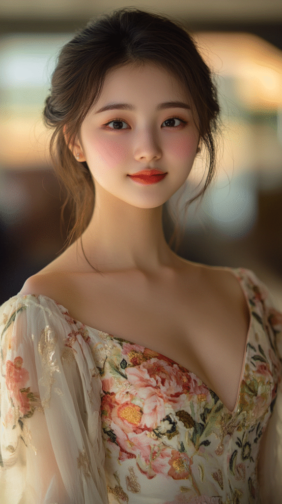 A beautiful woman that uses the  10-Step Korean Skincare Routine. A shot of a beautiful Korean woman, 18 years old, facing the camera, color eyes, wearing a beautiful outfit to go out to the club, sweet soft smile, skin detail, shot with sony a9 iii,