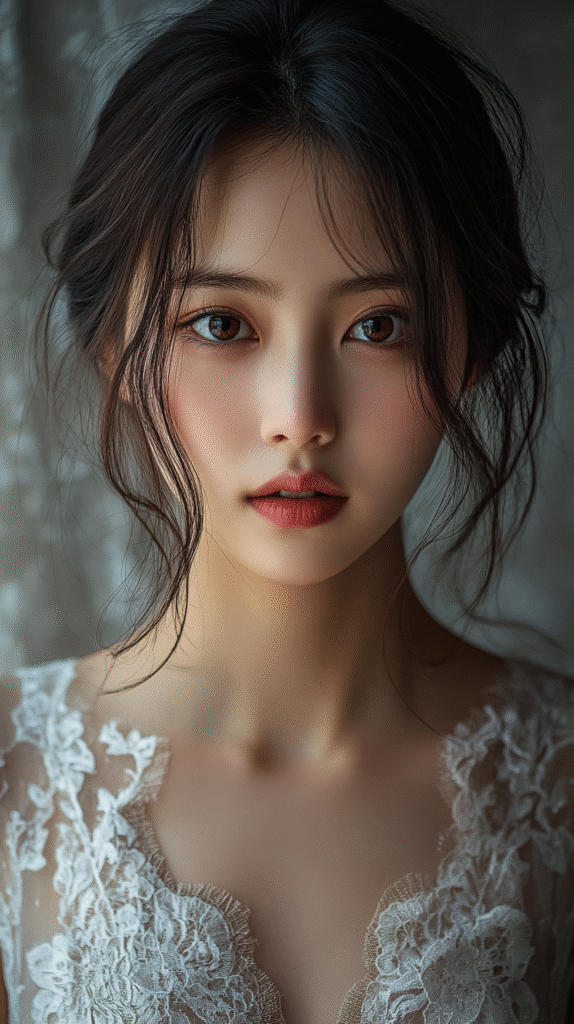 A beautiful woman that uses the  10-Step Korean Skincare Routine. A shot of a beautiful Korean woman, 18 years old, facing the camera, color eyes, wearing a beautiful outfit to go out to the club, sweet soft smile, skin detail, shot with sony a9 iii,