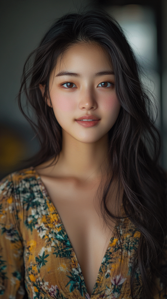 A beautiful woman that uses the  10-Step Korean Skincare Routine. A shot of a beautiful Korean woman, 18 years old, facing the camera, color eyes, wearing a beautiful outfit to go out to the club, sweet soft smile, skin detail, shot with sony a9 iii,