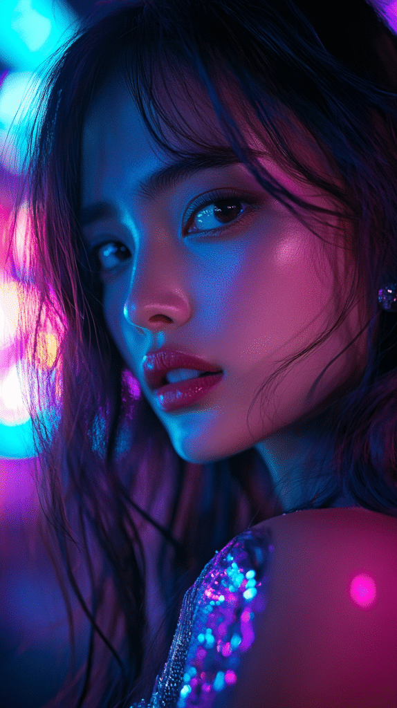 A beautiful woman that uses the  10-Step Korean Skincare Routine. A shot of a beautiful Korean woman, 18 years old, facing the camera, color eyes, wearing a beautiful outfit to go out to the club, sweet soft smile, skin detail, shot with sony a9 iii,