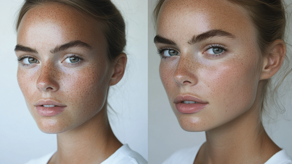 A woman before and after picture with and without makeup to avoid. 