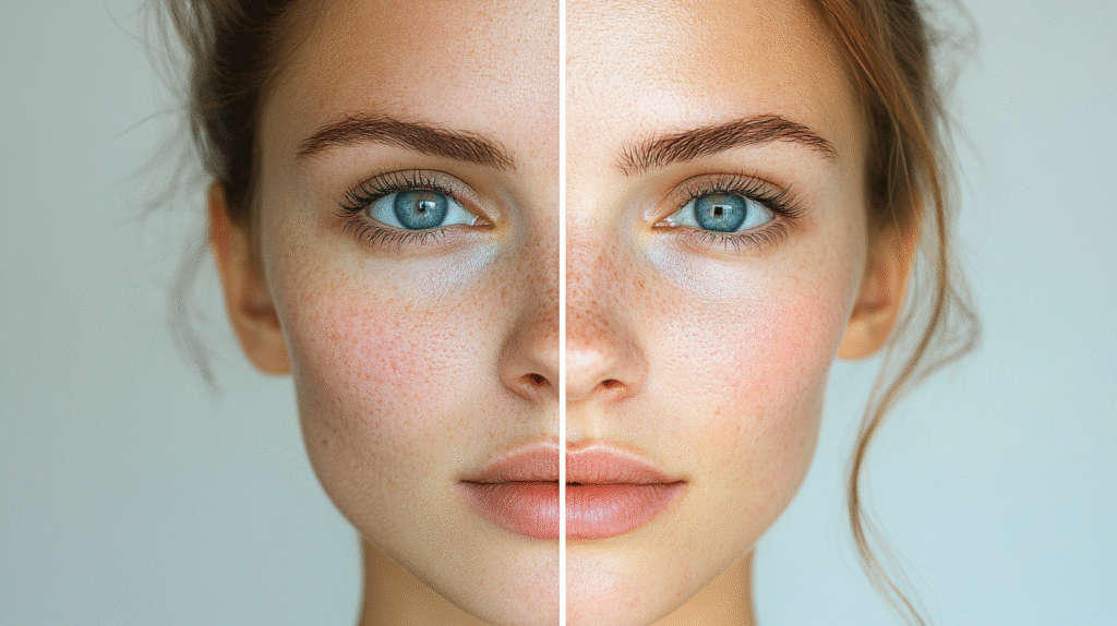 A woman before and after picture with and without makeup to avoid. 