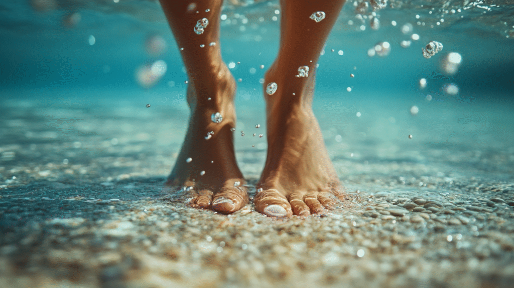Close-up of beautifully manicured summer feet on beach under water.