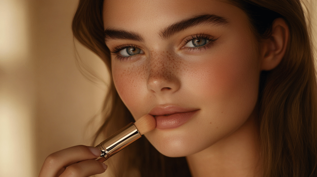 Model applying tinted moisturizer for a radiant complexion.