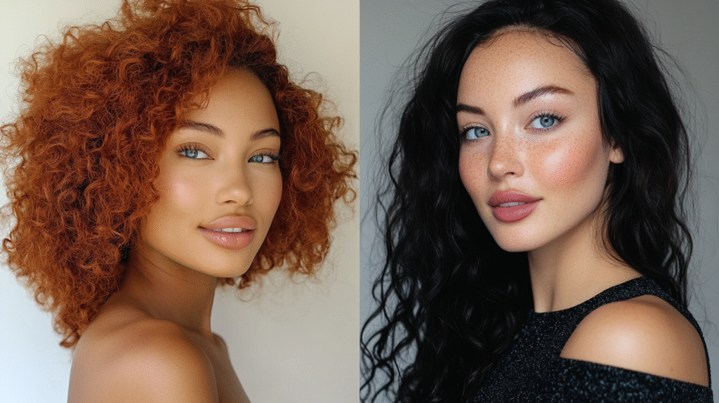 1C vs 2A Hair: Two women with distinct hair types: one with 1C hair curls and the other one with 2A hair waves both with color eyes and both smiling at the camera