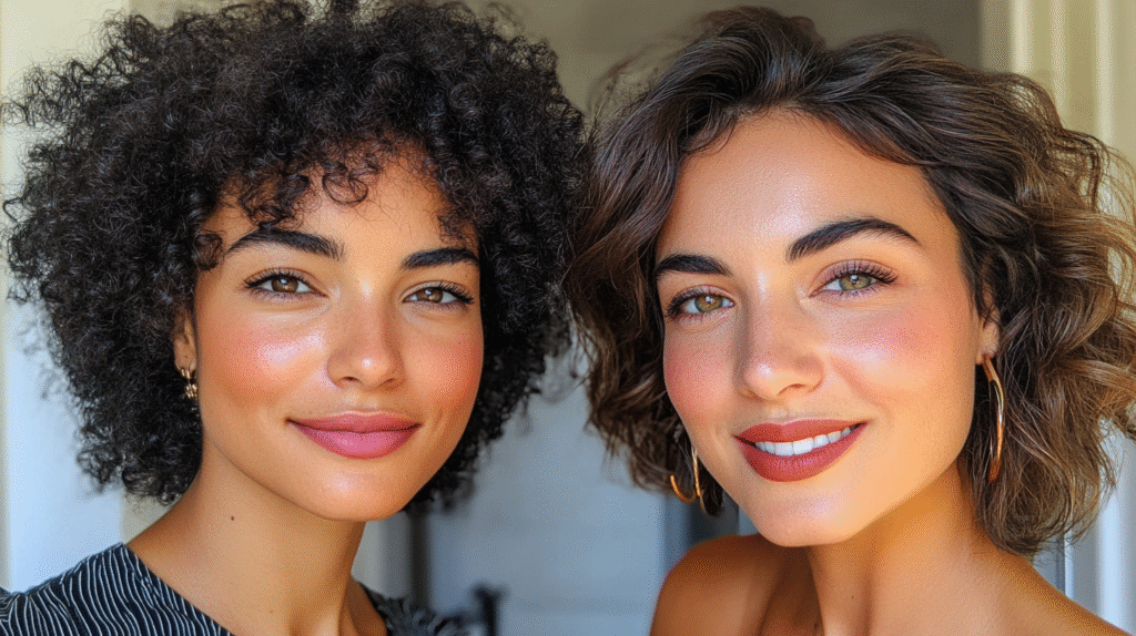 1C vs 2A Hair: Two women with distinct hair types: one with 1C hair curls and the other one with 2A hair waves both with color eyes and both smiling at the camera