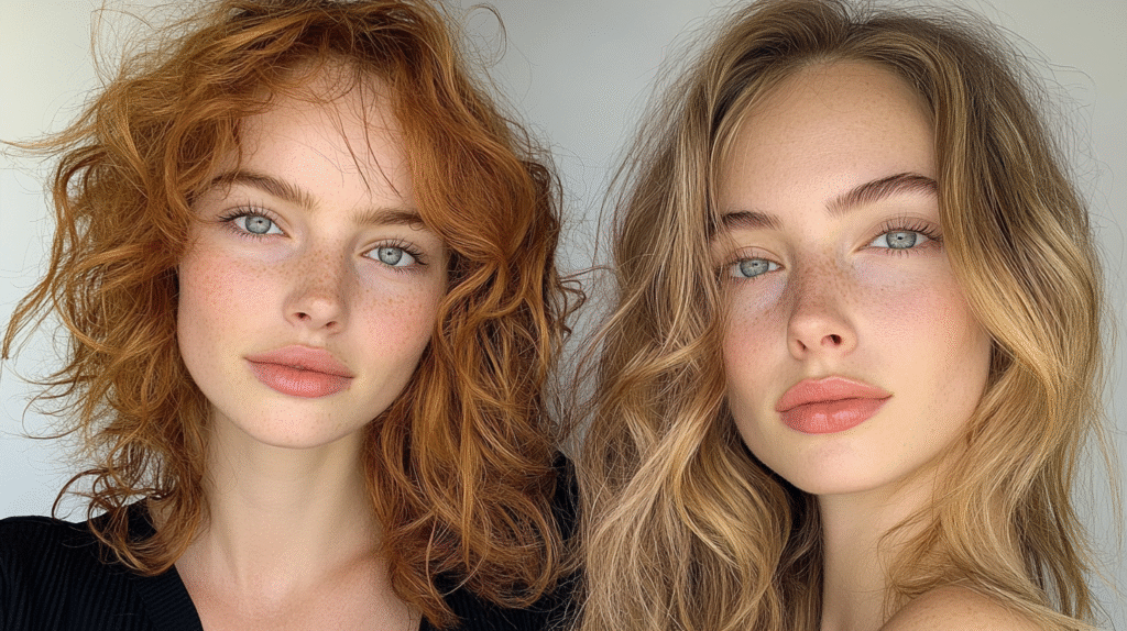 1C vs 2A Hair: Two women with distinct hair types: one with 1C hair curls and the other one with 2A hair waves both with color eyes and both smiling at the camera