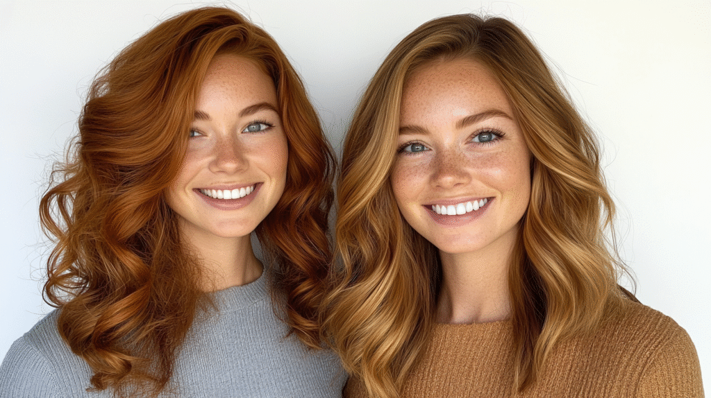 1C vs 2A Hair: Two women with distinct hair types: one with 1C hair curls and the other one with 2A hair waves both with color eyes and both smiling at the camera