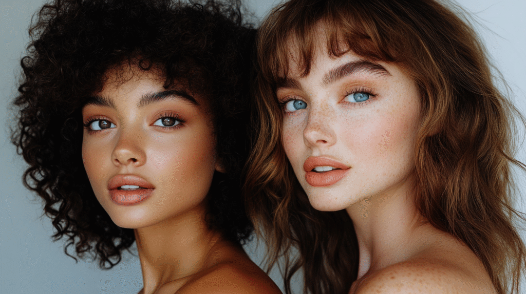 1C vs 2A Hair: Two women with distinct hair types: one with 1C hair curls and the other one with 2A hair waves both with color eyes and both smiling at the camera