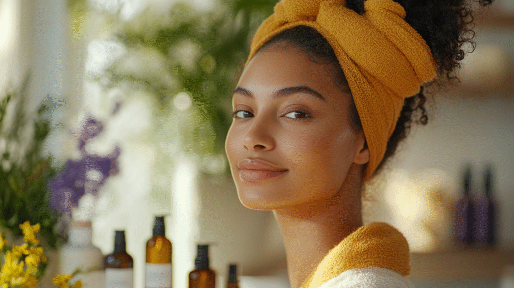 Woman applying natural makeup with essential products nearby.