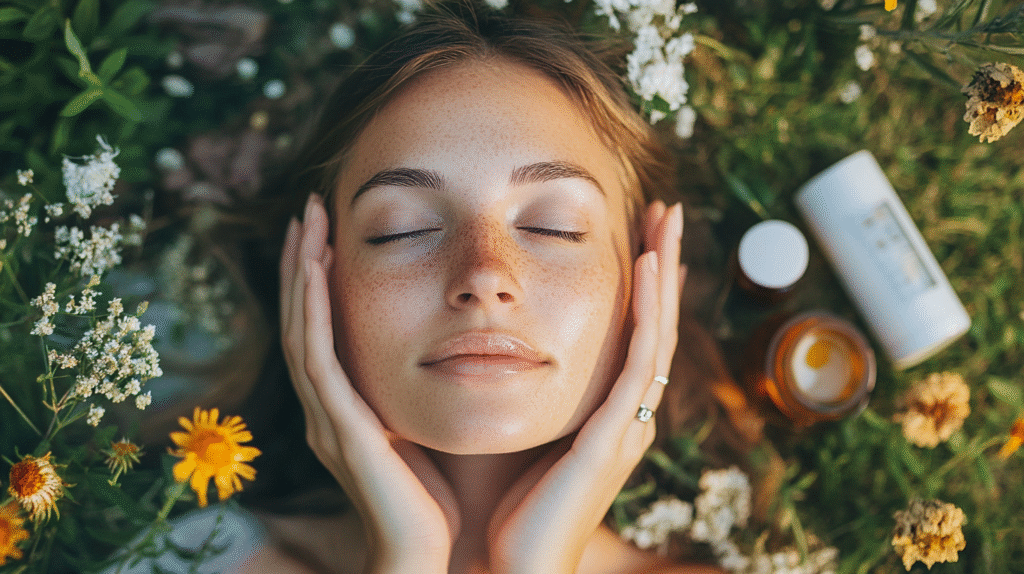 Woman applying natural makeup with essential products nearby.