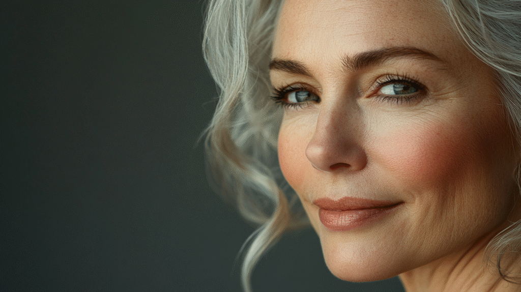 beautiful 40 year old woman with Perimenopause Skin and Hair smiling at the camera