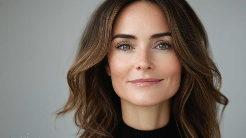 beautiful 40 year old woman with Perimenopause Skin and Hair smiling at the camera