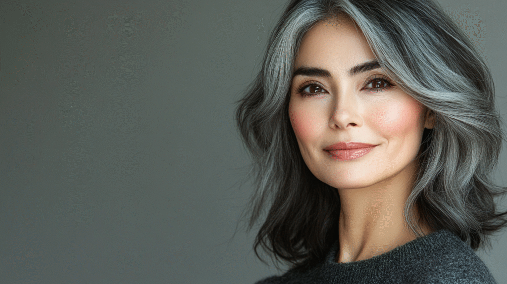 beautiful 40 year old woman with Perimenopause Skin and Hair smiling at the camera