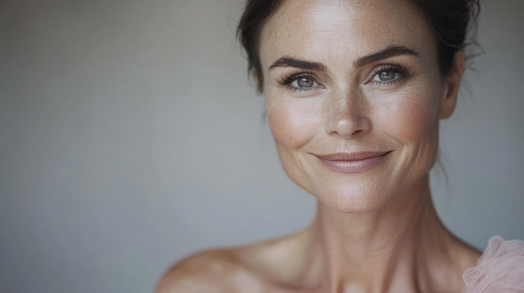 Types of Alopecia: Woman with beautiful face and alapecia, with glowing skin and wearing a off pink dress, she has soft natural makeup look, beautiful 42 year old woman smiling at the camera, extreme details on the face and skin, soft middle grey background, shot with Arri Alexa mini LF, magazine cover